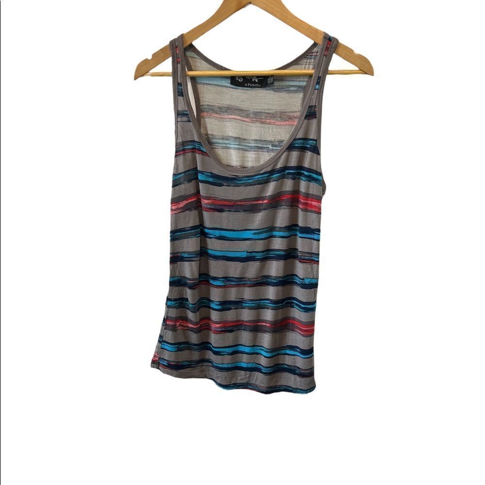 CHADO Grey Striped Lightweight Scoop Neck Loose Fit Casual Tank Top L